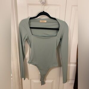 QINSEN Women's Sexy Square Neck Bodysuit Long Sleeve Double Lined Shirt Tops